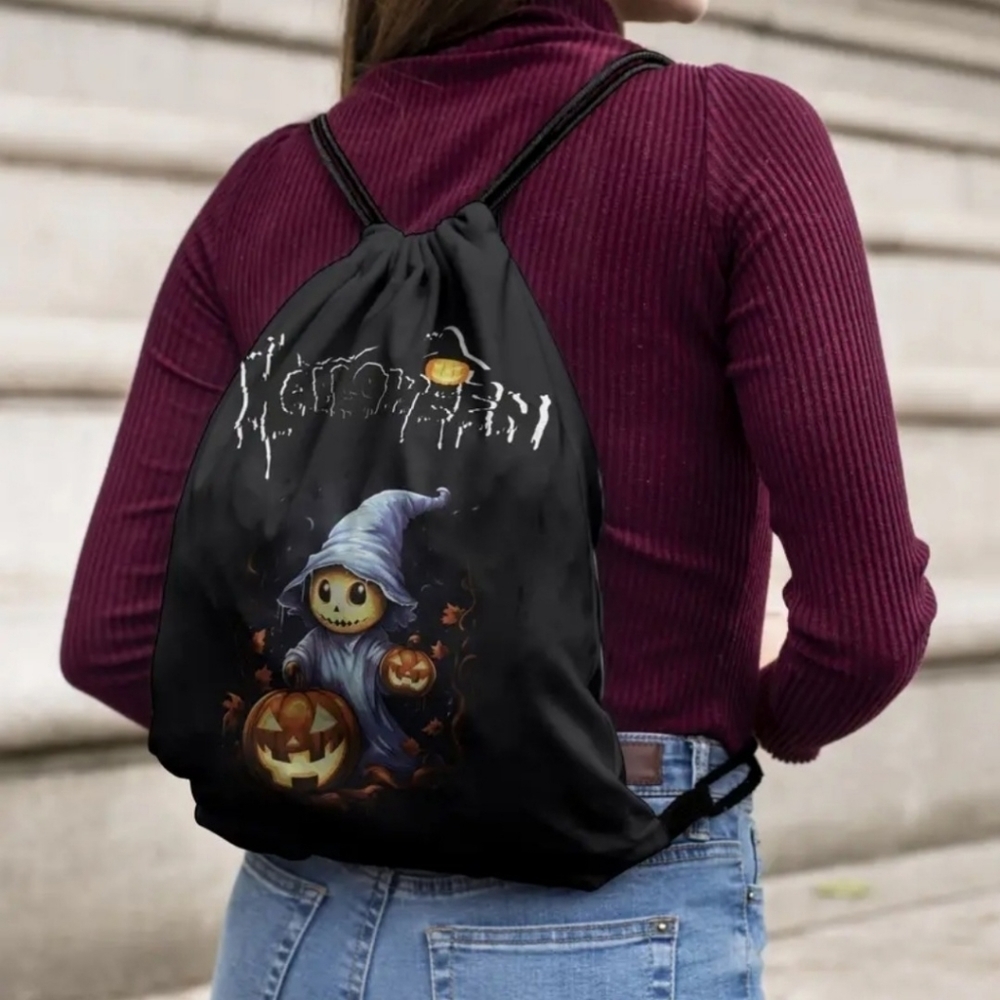 Pumpkin Ghost ✦ Drawstring Backpack ✦ Black Rope Bag NWT 16x13.5